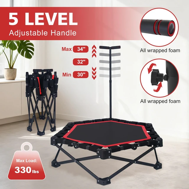 Alt view image 2 of 7 - 42 Inch Foldable Mini Trampoline, One Step Fold and Open Rebounder Trampoline for Adults 330 LBS Max Load 3 Level