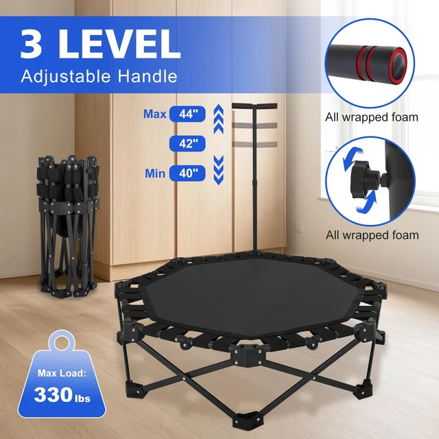 Alt view image 2 of 7 - 50 Inch Foldable Trampoline, One Step Fold and Open Rebounder Trampoline for Adults 330 LBS Max Load 3 Level Adjustable