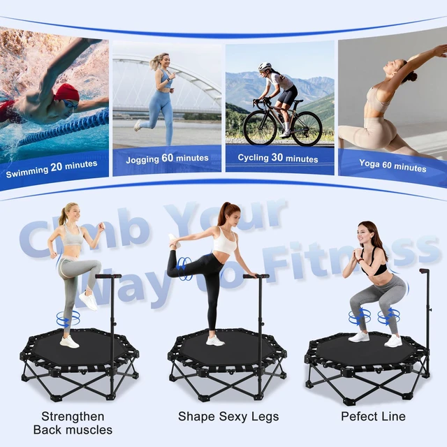 Alt view image 7 of 7 - 50 Inch Foldable Trampoline, One Step Fold and Open Rebounder Trampoline for Adults 330 LBS Max Load 3 Level Adjustable