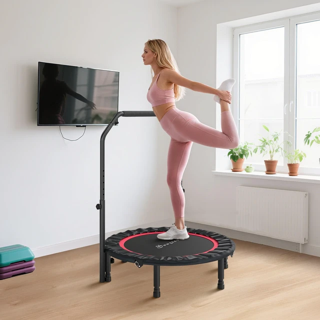 Alt view image 2 of 7 - 40 Inch Foldable Mini Trampoline, Rebounder Trampoline for Adults with Adjustable Foam Handle and Resistance Bands