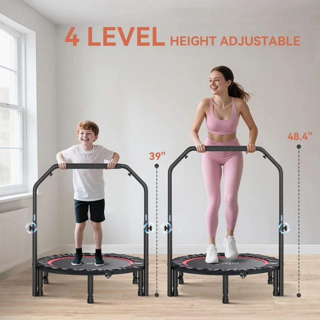 Alt view image 6 of 7 - 40 Inch Foldable Mini Trampoline, Rebounder Trampoline for Adults with Adjustable Foam Handle and Resistance Bands
