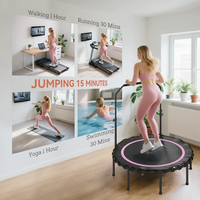 Alt view image 2 of 7 - 48 Inch Rebounder Trampoline for Adults, 440 LBS Foldable Mini Trampoline with Adjustable Handle Quiet and Safe Bungee