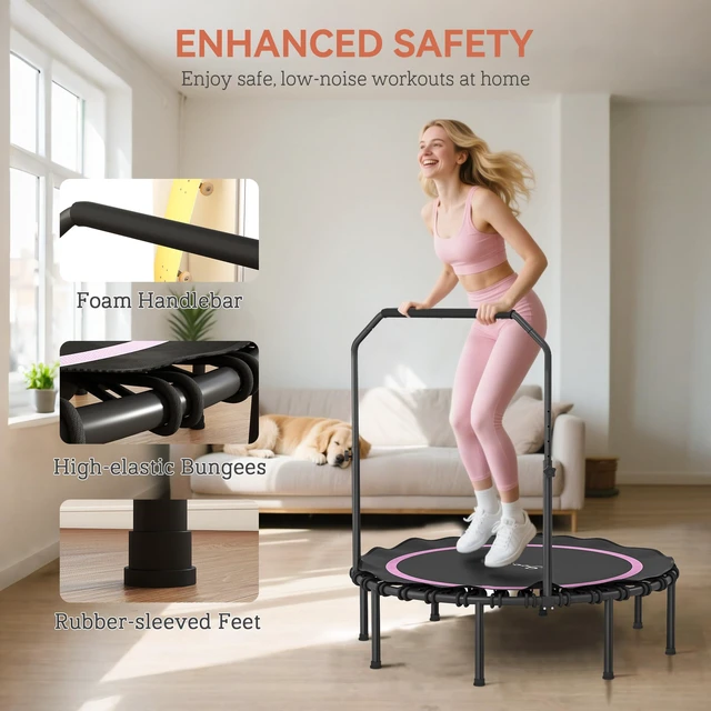Alt view image 4 of 7 - 48 Inch Rebounder Trampoline for Adults, 440 LBS Foldable Mini Trampoline with Adjustable Handle Quiet and Safe Bungee