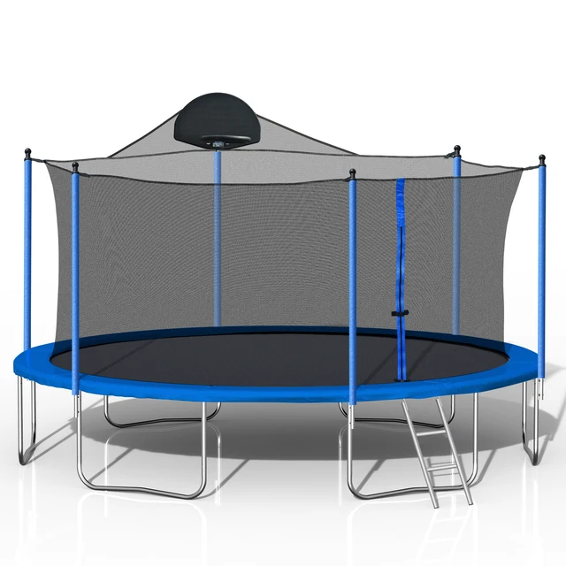 Alt view image 3 of 7 - Trampoline for Adults and Kids with Basketball Hoop, Outdoor Trampolines Ladder and Safety Enclosure Net for Kids