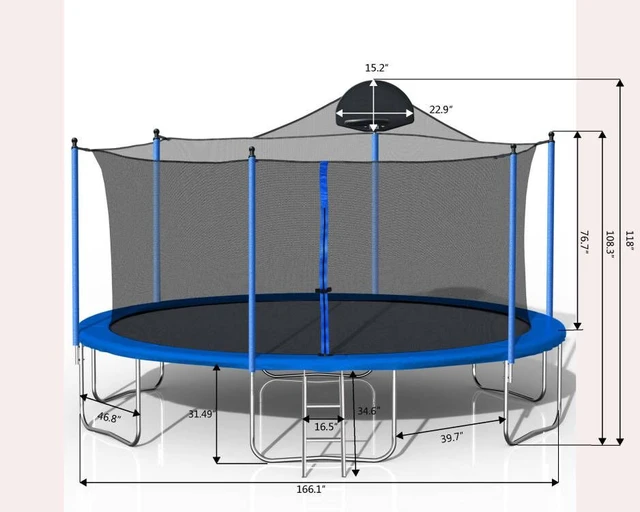 Alt view image 7 of 7 - Trampoline for Adults and Kids with Basketball Hoop, Outdoor Trampolines Ladder and Safety Enclosure Net for Kids