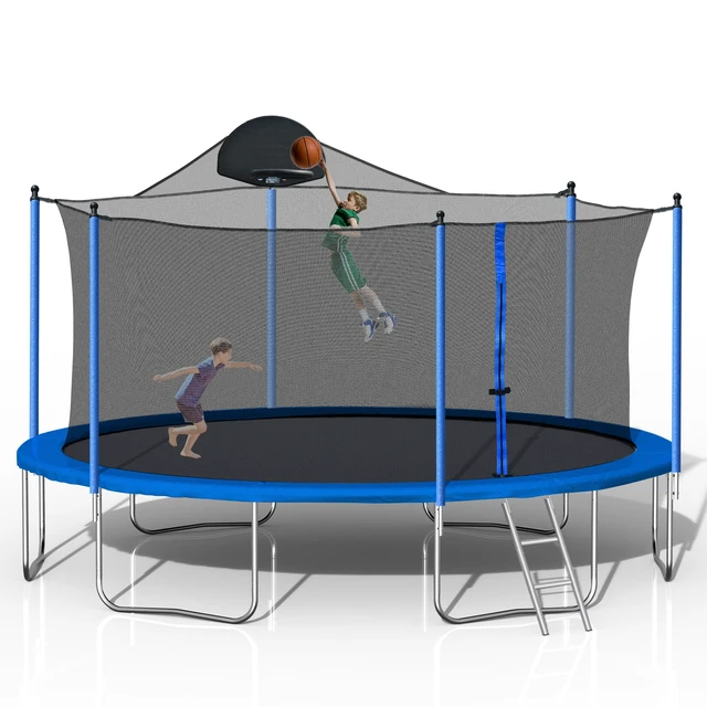 Alt view image 6 of 7 - Trampoline for Adults and Kids with Basketball Hoop, Outdoor Trampolines Ladder and Safety Enclosure Net for Kids
