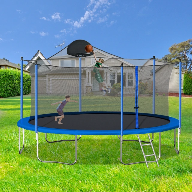Alt view image 5 of 7 - Trampoline for Adults and Kids with Basketball Hoop, Outdoor Trampolines Ladder and Safety Enclosure Net for Kids