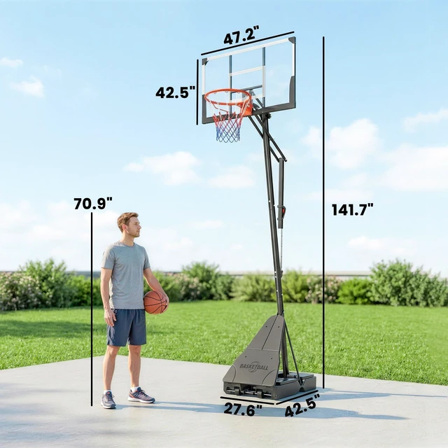 Alt view image 7 of 7 - Basketball Hoop Outdoor Portable, 8 to 10 ft Adjustable Basketball Goal 47 Inch Shatterproof Backboard Shock