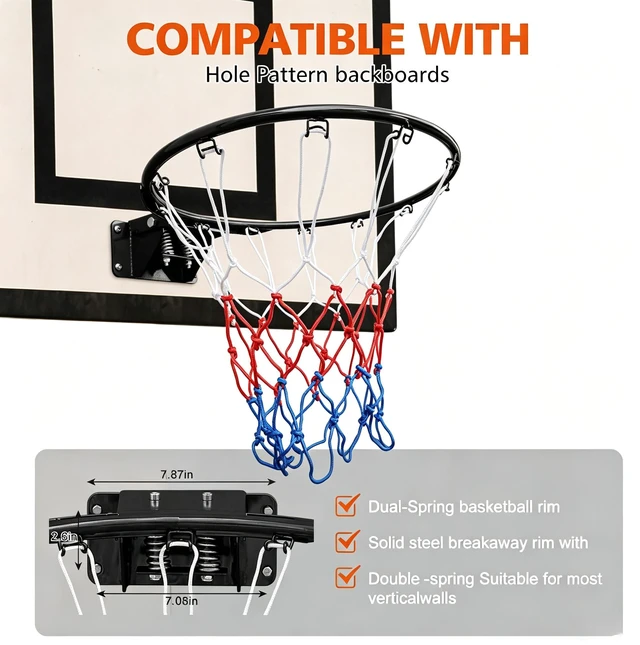 Alt view image 3 of 6 - 18 Inch Replacement Basketball Rim Wall Mount Hoop Hand Crank Backboard Mounted for Indoor Outdoor Basketball Court