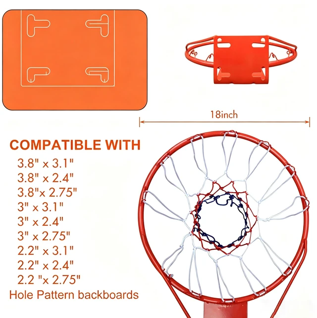 Alt view image 3 of 5 - Basketball Rim Replacement 18 Inch Steel Rim with Net, Easy Install and Reliable, Orange, Iron, Basketball Hoops