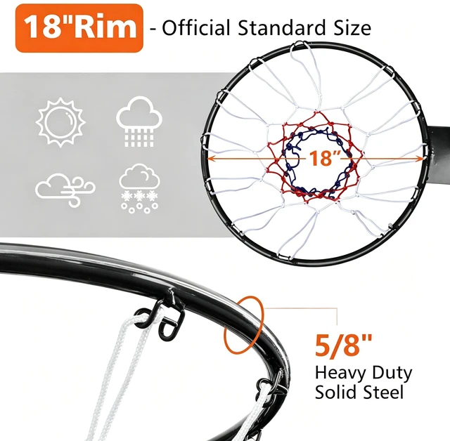 Alt view image 4 of 6 - 18 Inch Replacement Basketball Rim Wall Mount Hoop Hand Crank Backboard Mounted for Indoor Outdoor Basketball Court