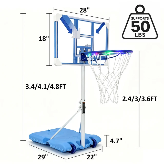 Alt view image 3 of 5 - Pool Basketball Hoop Poolside, Portable Height Adjustable Inchto 70 Inch Basketball Goal with Wheels and Rust Proof