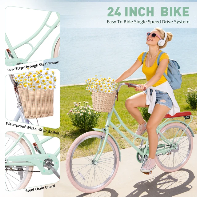 Alt view image 3 of 7 - 24 Inch Beach Cruiser Bike for Women, Commuter Bicycle with Front Basket High Carbon Steel Frame City Bike for Outdoor