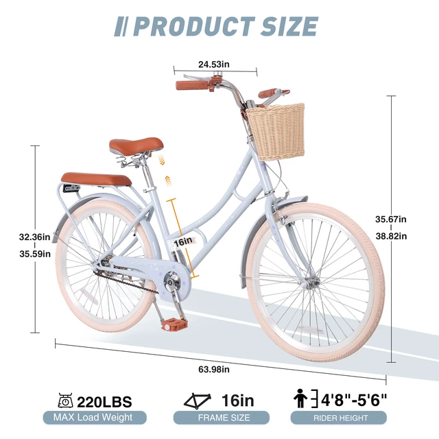 Alt view image 6 of 7 - 24 Inch Beach Cruiser Bike for Women, Commuter Bicycle with Front Basket High Carbon Steel Frame City Bike for Outdoor
