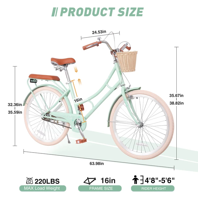 Alt view image 6 of 7 - 24 Inch Beach Cruiser Bike for Women, Commuter Bicycle with Front Basket High Carbon Steel Frame City Bike for Outdoor