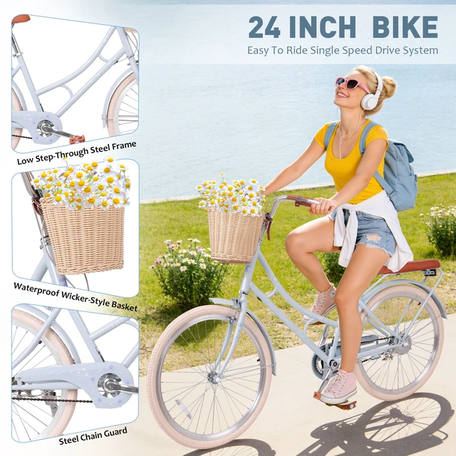 Alt view image 3 of 7 - 24 Inch Beach Cruiser Bike for Women, Commuter Bicycle with Front Basket High Carbon Steel Frame City Bike for Outdoor