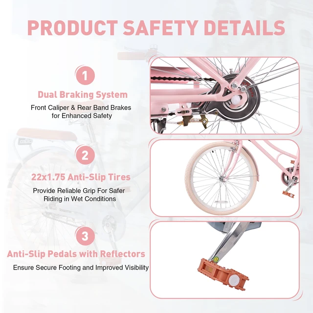Alt view image 5 of 7 - 22 Inch Beach Cruiser Bike for Girls, Commuter Bicycle with Front Basket High Carbon Steel Frame City Bike for Outdoor