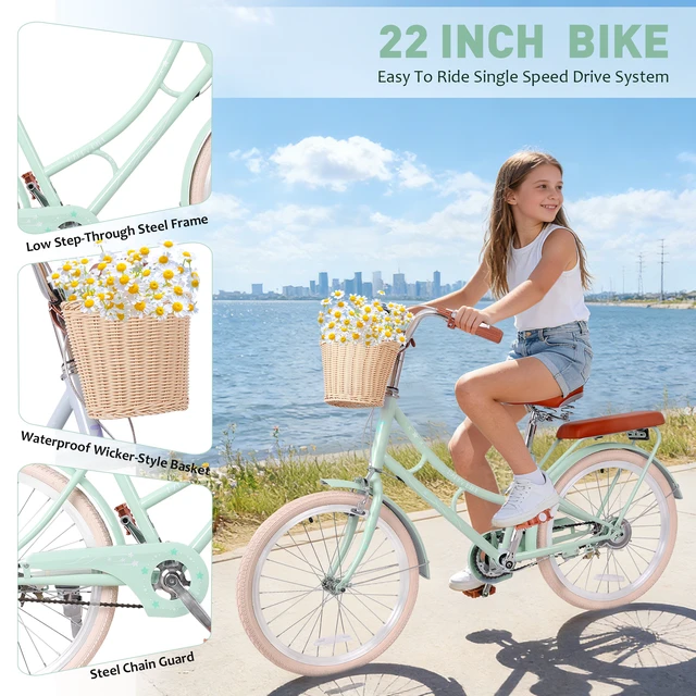 Alt view image 3 of 7 - 22 Inch Beach Cruiser Bike for Girls, Commuter Bicycle with Front Basket High Carbon Steel Frame City Bike for Outdoor
