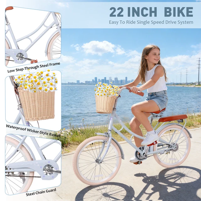 Alt view image 3 of 7 - 22 Inch Beach Cruiser Bike for Girls, Commuter Bicycle with Front Basket High Carbon Steel Frame City Bike for Outdoor