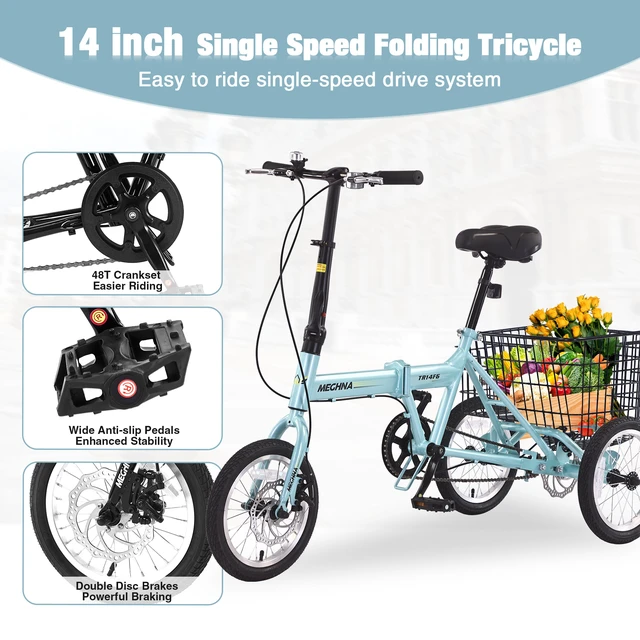 Alt view image 4 of 7 - Folding Tricycle for Adults, 14 Inch 3 Wheel Bikes for Adults with Basket Pre Assembled Collapsible Steel Frame