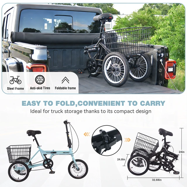 Alt view image 3 of 7 - Folding Tricycle for Adults, 14 Inch 3 Wheel Bikes for Adults with Basket Pre Assembled Collapsible Steel Frame