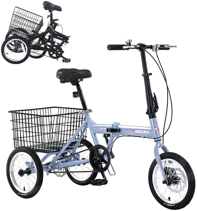 Main image of Folding Tricycle for Adults, 14 Inch 3 Wheel Bikes for Adults with Basket Pre Assembled Collapsible Steel Frame