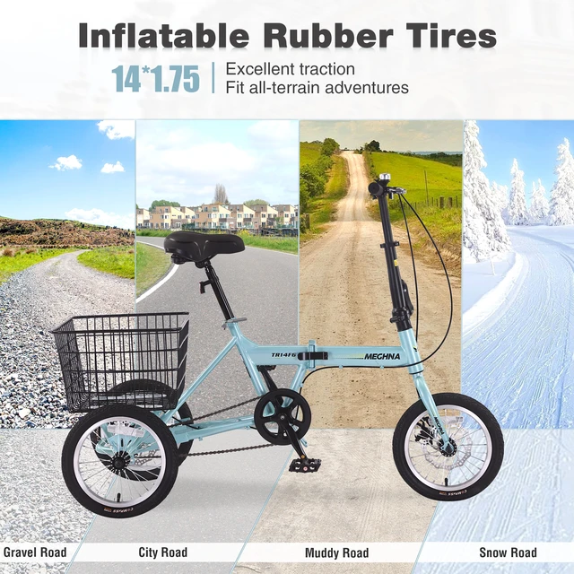 Alt view image 6 of 7 - Folding Tricycle for Adults, 14 Inch 3 Wheel Bikes for Adults with Basket Pre Assembled Collapsible Steel Frame
