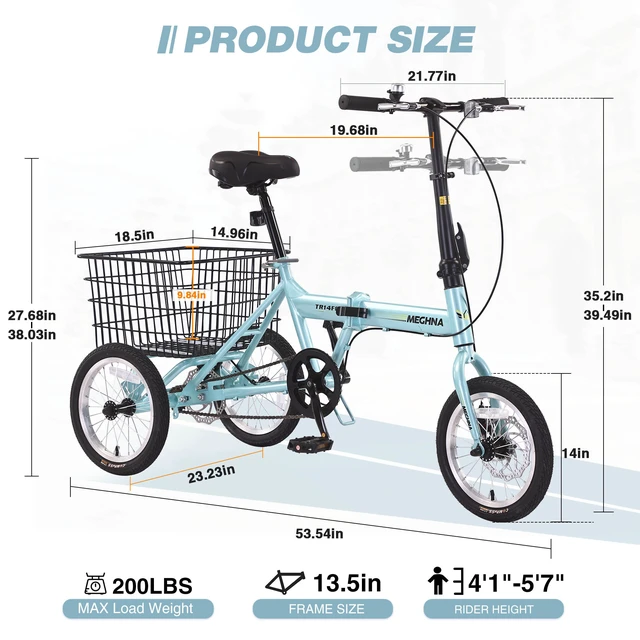 Alt view image 7 of 7 - Folding Tricycle for Adults, 14 Inch 3 Wheel Bikes for Adults with Basket Pre Assembled Collapsible Steel Frame