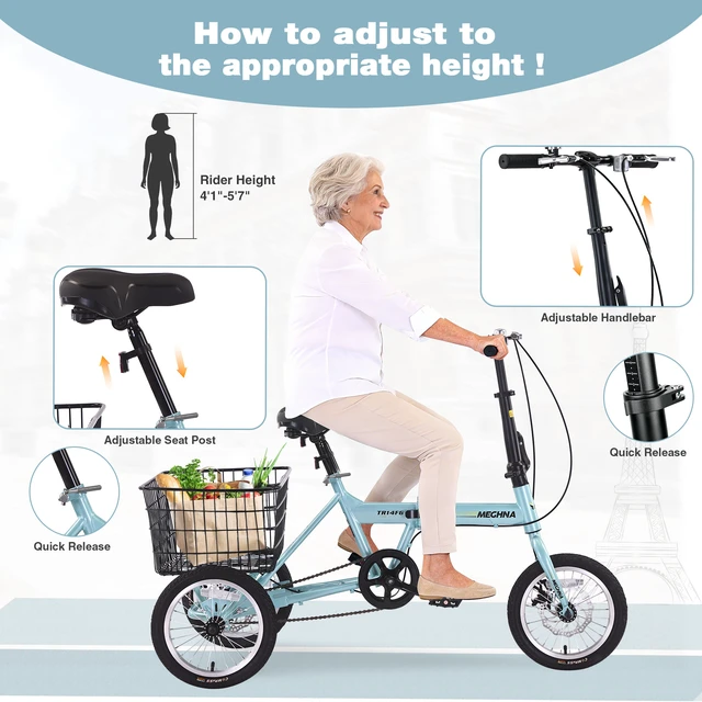 Alt view image 2 of 7 - Folding Tricycle for Adults, 14 Inch 3 Wheel Bikes for Adults with Basket Pre Assembled Collapsible Steel Frame