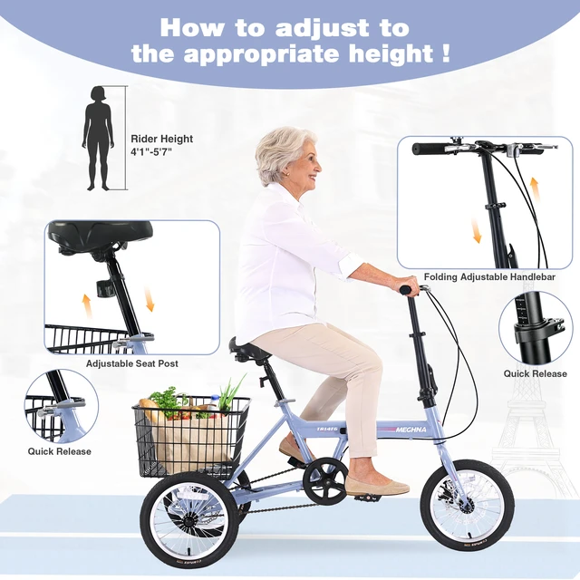 Alt view image 2 of 7 - Folding Tricycle for Adults, 14 Inch 3 Wheel Bikes for Adults with Basket Pre Assembled Collapsible Steel Frame