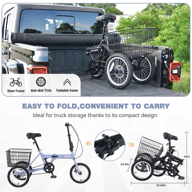 Alt view image 3 of 7 - Folding Tricycle for Adults, 14 Inch 3 Wheel Bikes for Adults with Basket Pre Assembled Collapsible Steel Frame