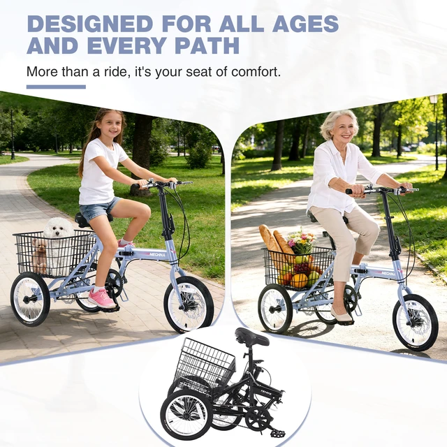 Alt view image 7 of 7 - Folding Tricycle for Adults, 14 Inch 3 Wheel Bikes for Adults with Basket Pre Assembled Collapsible Steel Frame