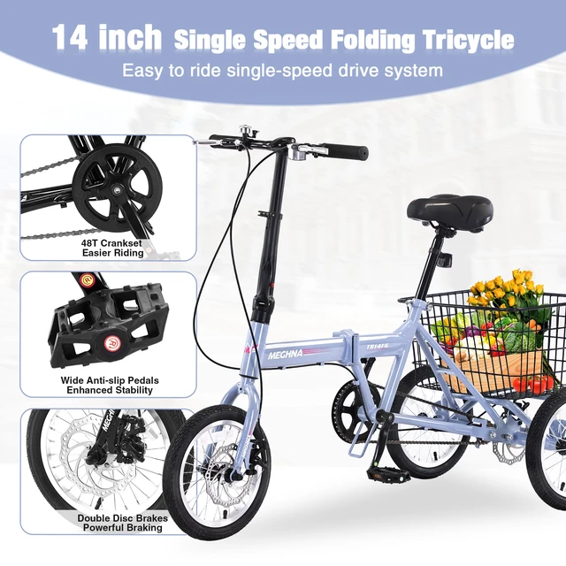 Alt view image 4 of 7 - Folding Tricycle for Adults, 14 Inch 3 Wheel Bikes for Adults with Basket Pre Assembled Collapsible Steel Frame