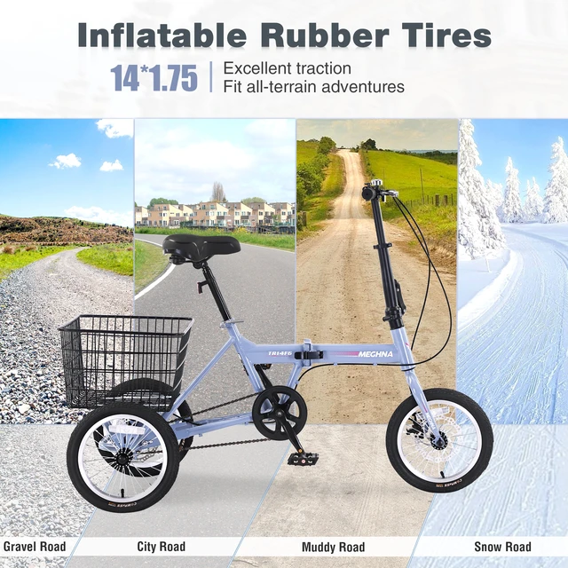 Alt view image 6 of 7 - Folding Tricycle for Adults, 14 Inch 3 Wheel Bikes for Adults with Basket Pre Assembled Collapsible Steel Frame
