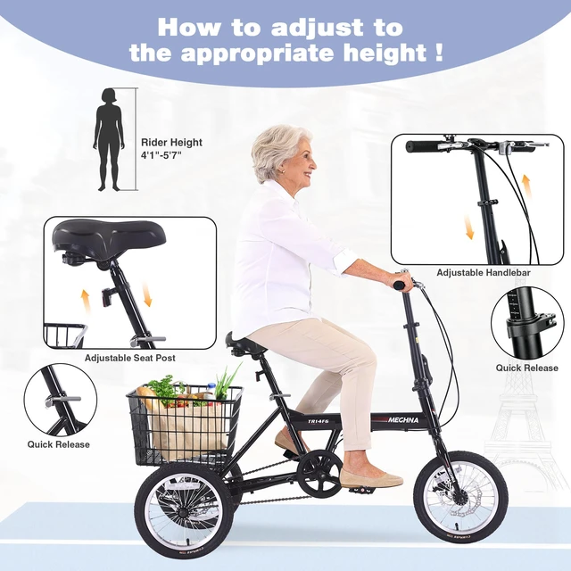 Alt view image 2 of 7 - Folding Tricycle for Adults, 14 Inch 3 Wheel Bikes for Adults with Basket Pre Assembled Collapsible Steel Frame