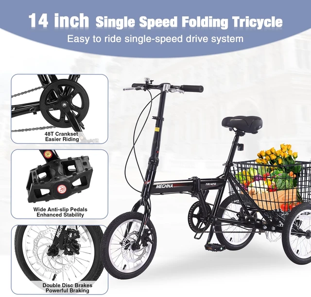 Alt view image 4 of 7 - Folding Tricycle for Adults, 14 Inch 3 Wheel Bikes for Adults with Basket Pre Assembled Collapsible Steel Frame
