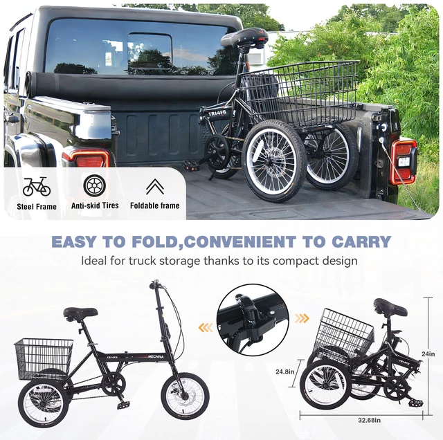 Alt view image 3 of 7 - Folding Tricycle for Adults, 14 Inch 3 Wheel Bikes for Adults with Basket Pre Assembled Collapsible Steel Frame