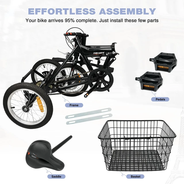 Alt view image 6 of 7 - Folding Tricycle for Adults, 14 Inch 3 Wheel Bikes for Adults with Basket Pre Assembled Collapsible Steel Frame