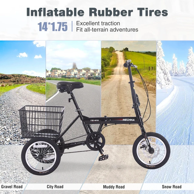 Alt view image 7 of 7 - Folding Tricycle for Adults, 14 Inch 3 Wheel Bikes for Adults with Basket Pre Assembled Collapsible Steel Frame