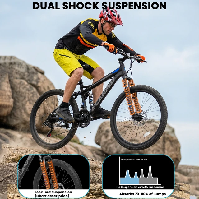 Alt view image 6 of 7 - Mountain Bike 26 Inch Wheels, Speed Full Suspension Mens Womens Trail Commuter City Mountain Bike Carbon Steel Frame