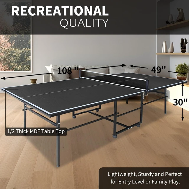 Alt view image 6 of 7 - 9 4.1 ft Mid Size Table Tennis Table Foldable and Portable Ping Pong Set for Indoor Games with Net, Tennis Paddles