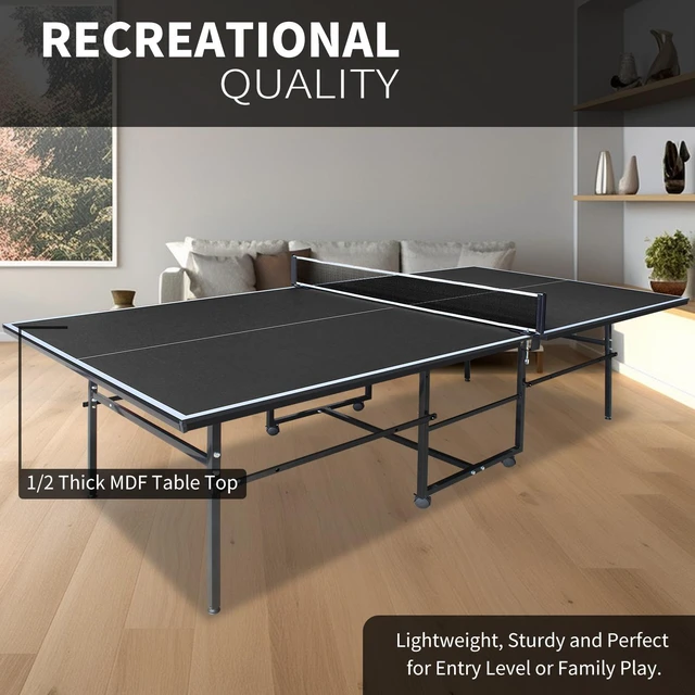 Alt view image 5 of 7 - 9 4.1 ft Mid Size Table Tennis Table Foldable and Portable Ping Pong Set for Indoor Games with Net, Tennis Paddles