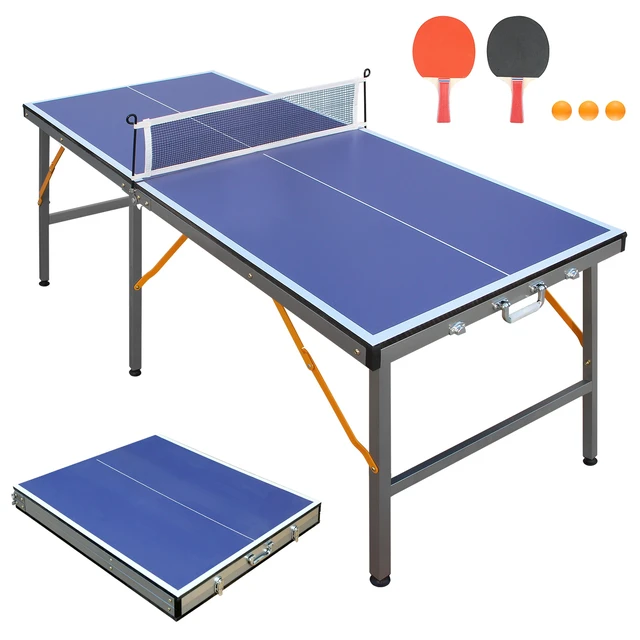 Alt view image 2 of 7 - 5 ft Table Tennis Table Foldable and Portable Ping Pong Set for Indoor Games with Net, Tennis Paddles and Balls, Blue