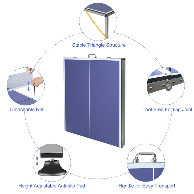 Alt view image 3 of 7 - 5 ft Table Tennis Table Foldable and Portable Ping Pong Set for Indoor Games with Net, Tennis Paddles and Balls, Blue