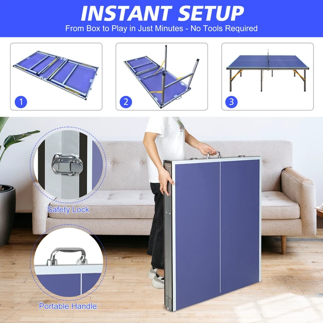 Alt view image 4 of 7 - 5 ft Table Tennis Table Foldable and Portable Ping Pong Set for Indoor Games with Net, Tennis Paddles and Balls, Blue
