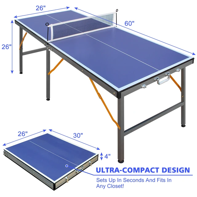 Alt view image 5 of 7 - 5 ft Table Tennis Table Foldable and Portable Ping Pong Set for Indoor Games with Net, Tennis Paddles and Balls, Blue