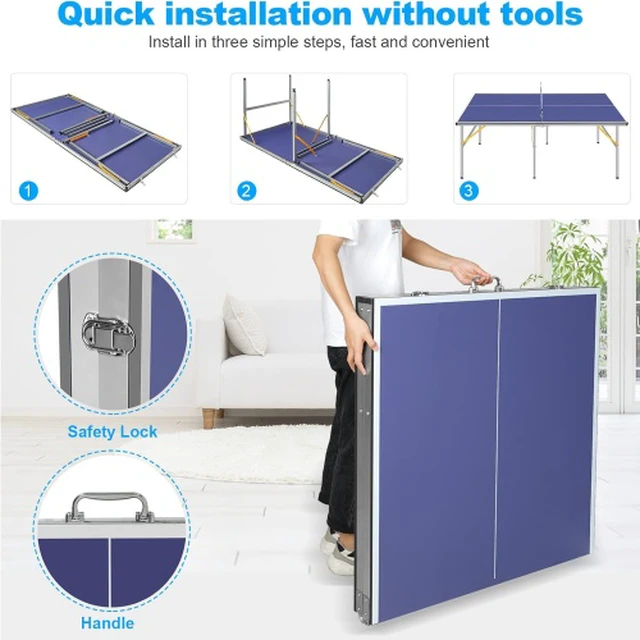 Alt view image 4 of 6 - 6 ft Mid Size Foldable Portable Ping Pong Table Indoor Outdoor Game Set with Net Paddles Balls, Blue, MDF, Table Tennis