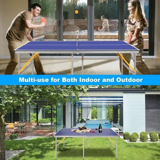 Alt view image 6 of 6 - 6 ft Mid Size Foldable Portable Ping Pong Table Indoor Outdoor Game Set with Net Paddles Balls, Blue, MDF, Table Tennis