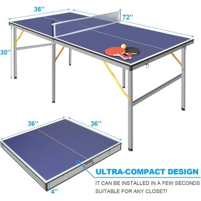 Alt view image 3 of 6 - 6 ft Mid Size Foldable Portable Ping Pong Table Indoor Outdoor Game Set with Net Paddles Balls, Blue, MDF, Table Tennis