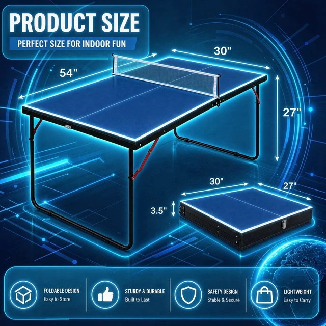 Alt view image 2 of 5 - 4 ft Compact Foldable Table Tennis Table Set with Net, Paddles and Balls for Indoor Outdoor Small Spaces and Thickened